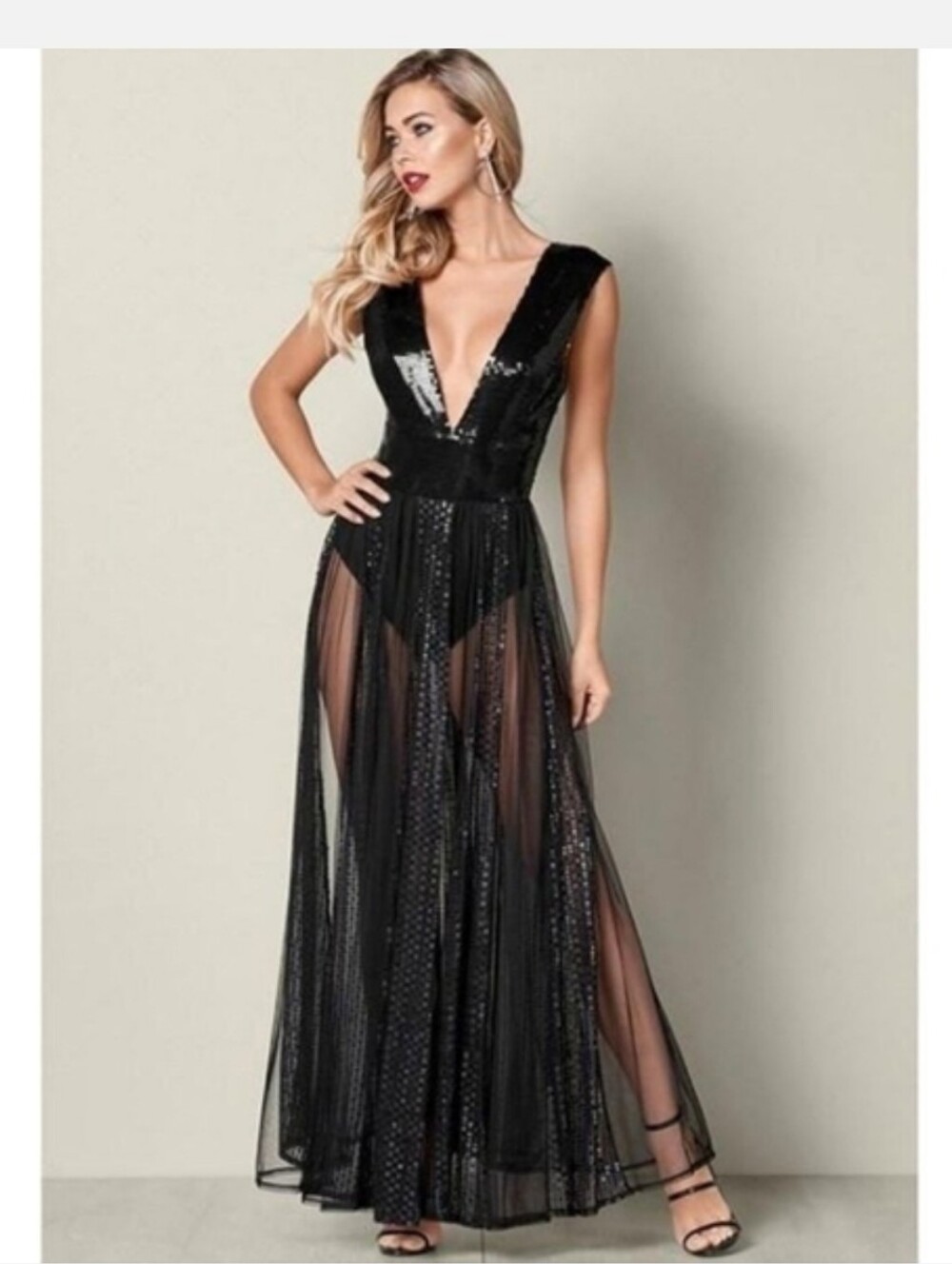 VENUS Black Sequin Plunging V Bodysuit Sexy Maxi Party Dress Size 8